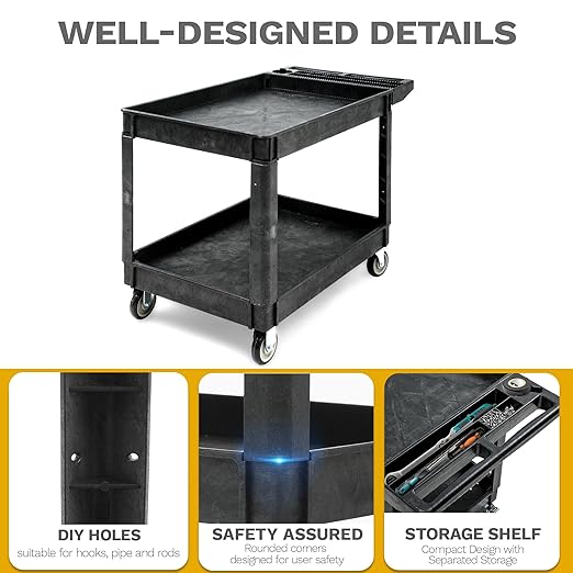 DWVO Utility Service Cart on Wheels, 550 lbs Capacity, 45 x 25 Inch Rolling Work Carts with Wheels, 2 Shelf Heavy Duty Plastic Cart Suitable for Warehouse, Garage, School & Office, Cleaning, Black