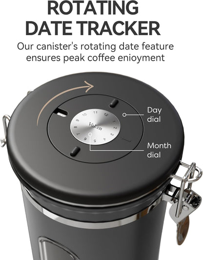 Veken Coffee Canister with Window,Airtight Stainless Steel Kitchen Food Storage Container, Date Tracker & Scoop for Grounds Coffee, Beans, Tea, Flour, Cereal,Sugar,22OZ,Grey