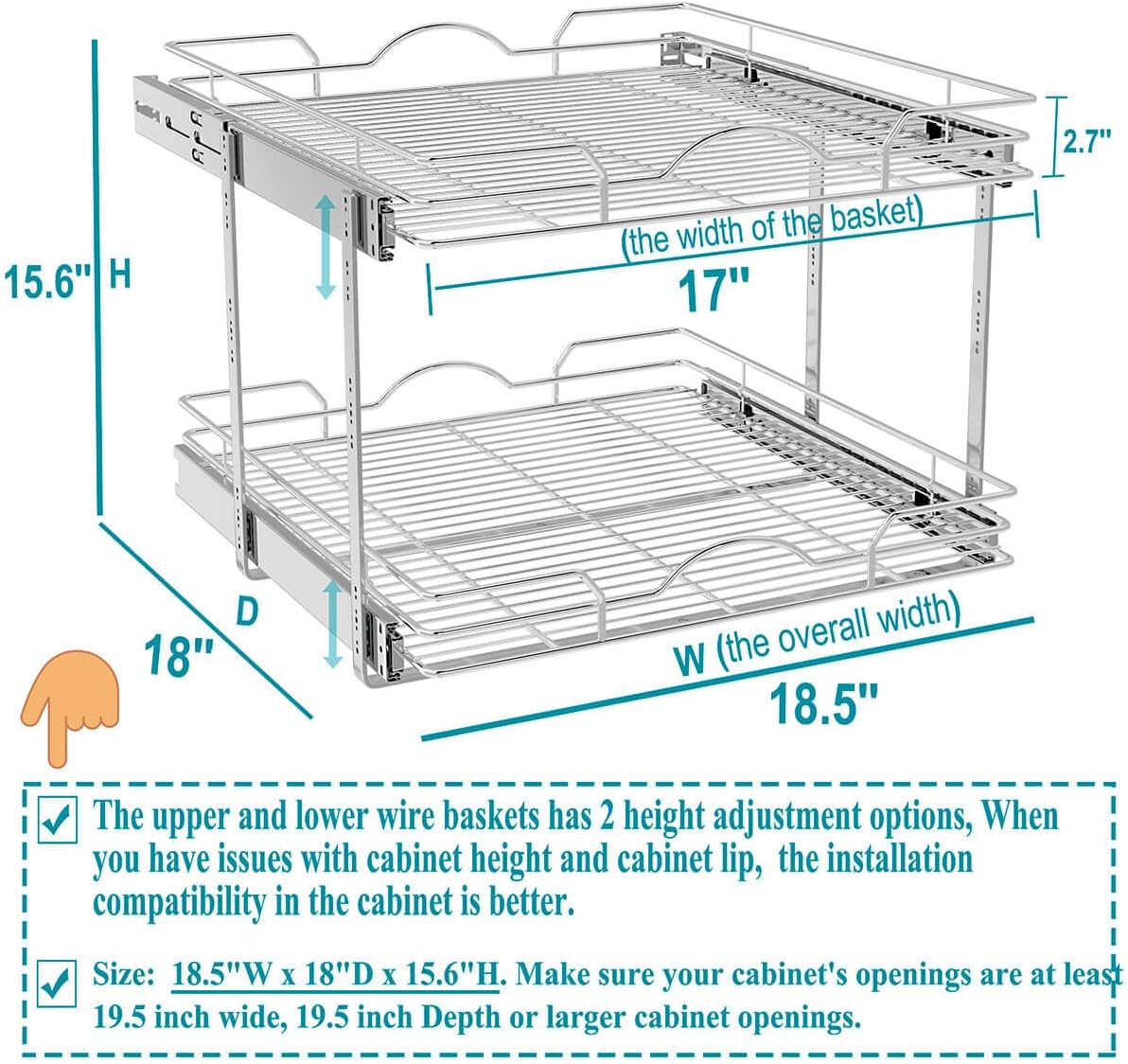 OCG 2 Tier Pull Out Cabinet Organizer (18.5" W x 18" D), Pull Out Drawers for Kitchen Cabinets, Pull Out Shelves for Base Cabinet Organization in Kitchen Bathroom Pantry, Chrome Finish
