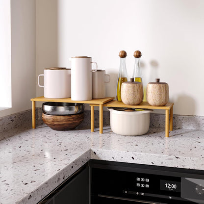 Cabinet Organizer Shelf(Set of 2),Kitchen Counter Shelves,Bamboo Stackable Expandable Spice Rack Countertop(Large)