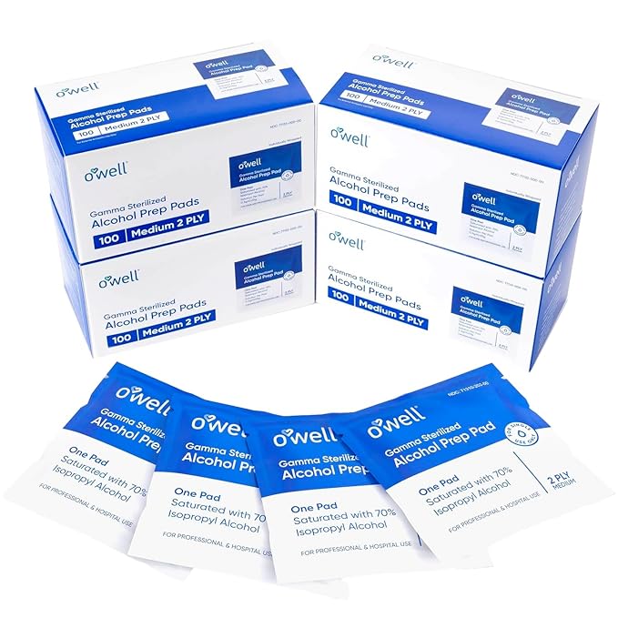 OWELL Prep Pads - 400 Individually Wrapped Sterile Alcohol Wipes, Medium 2-Ply Antiseptic Wipes for Disinfecting Skin, First Aid Kit Alcohol Swabs (4 Packs of 100 Count)