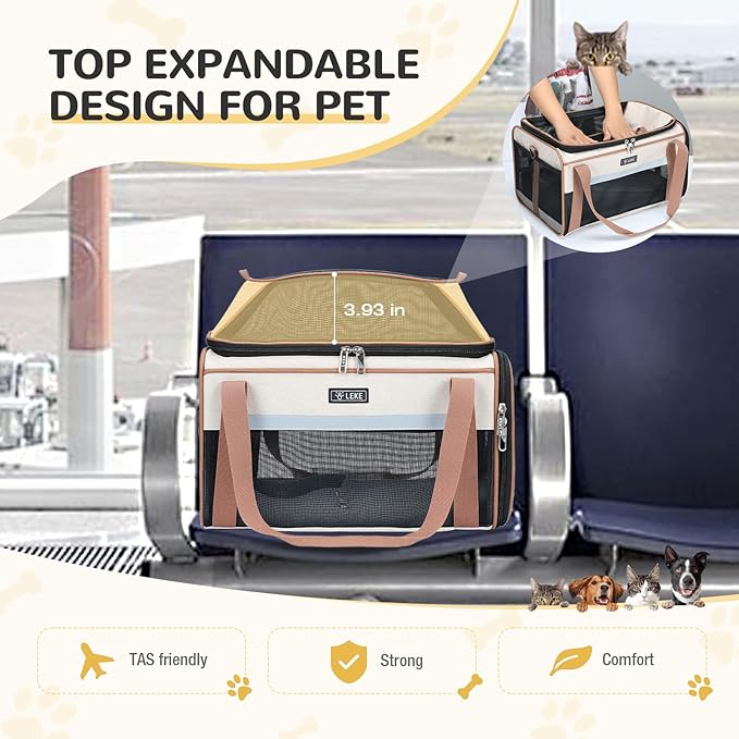 Lekereise Top-Expandable Pet Carrier 17x11x9.5 Inch Alaska Hawaiian Airline Approved Soft Sided Underseat to 12lbs Travel Carriers for Small Cats and Dogs with Locking Safety Zippers Anti-Scratch Mesh