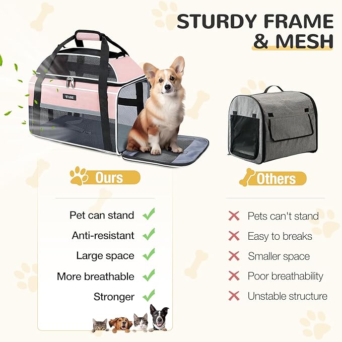 Lekereise Top-Expandable Pet Carrier 17x11x9.5 Inch Alaska Hawaiian Airline Approved Soft Sided Underseat to 12lbs Travel Carriers for Small Cats and Dogs with Locking Safety Zippers Anti-Scratch Mesh