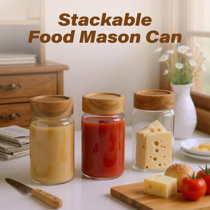 6-Pack 10 oz Airtight Food-Grade Glass Mason Jars with Acacia Wood Lids - Sealable, Waterproof & Stackable Canister Set for Overnight Oats, Dry Goods, Baking Supplies & Pantry Organization
