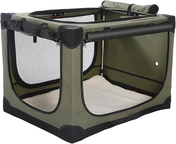 24-Inch Collapsible Travel Dog Crate, Portable 4-Door Soft Kennel for Medium to Large Dogs, Chew-Proof Mesh Windows, Indoor/Outdoor Use, Foldable, with Storage Bag (Green)