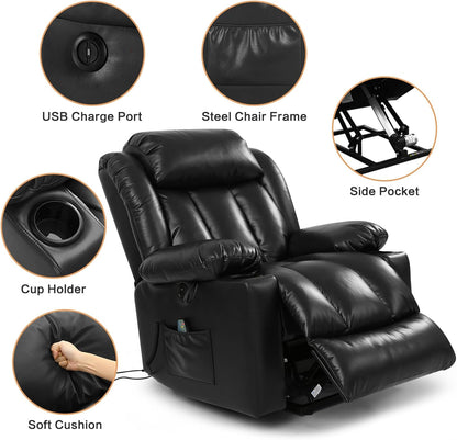 PARKOL Power Lift Recliner Chair for Elderly Breathable Leather Recliner Chair with Massage and Heat,2 Cup Holders,Electric Stand Assist,USB Ports,Gifts for Family (Black)