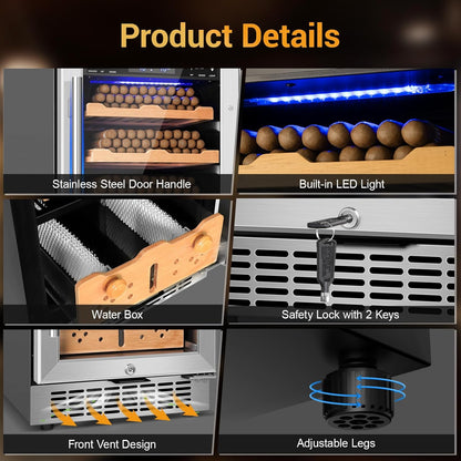 Electric Cigar Humidor, 15 Inch Upgraded Large Capacity Humidor Cabinet with Powerful Compressor, Digital LED Screen, Safety Lock, Smart Humidity & Temp Control, Gifts for Men