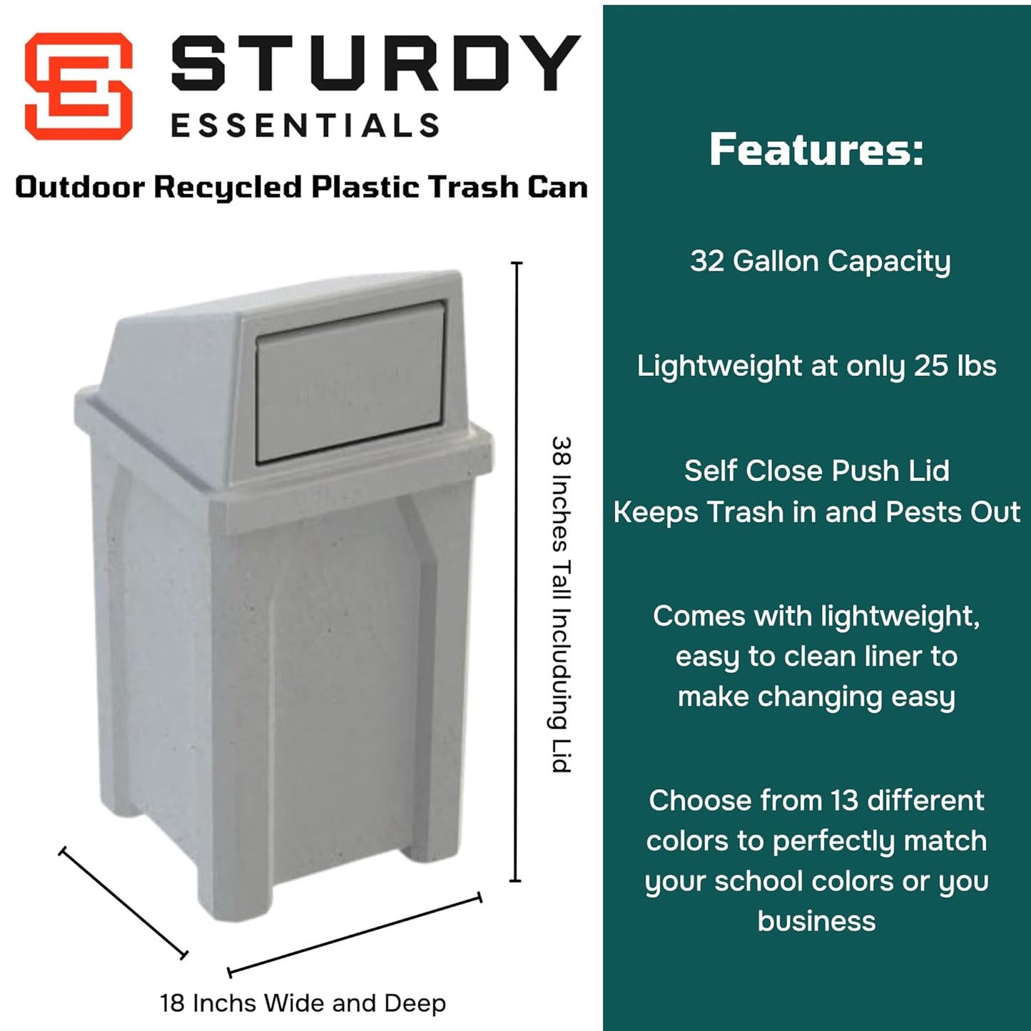 32 Gallon Square 100% Recycled Plastic Heavy Duty Outdoor Trash Can with Push Lid - Great for Schools and Businesses - Light Granite