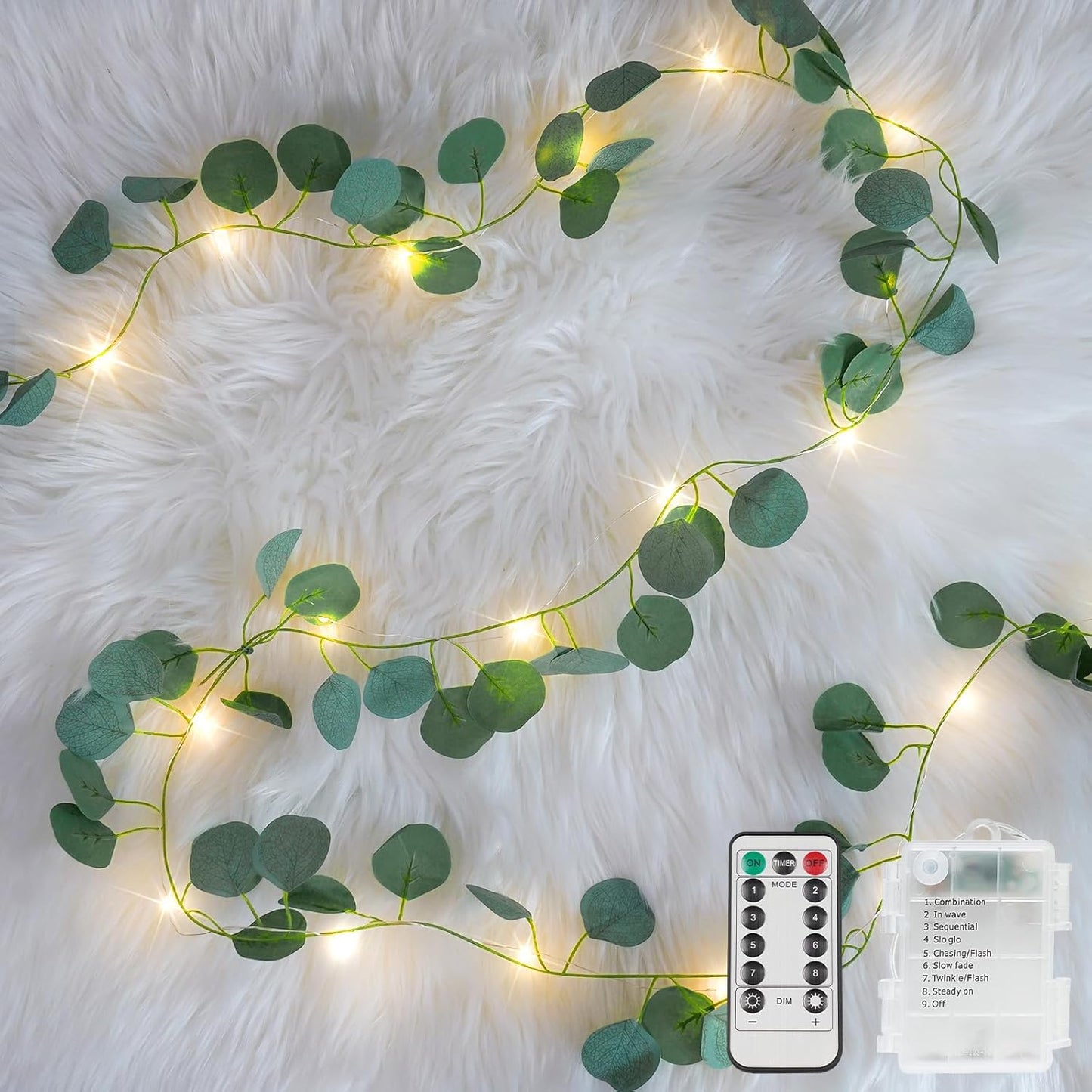 suddus Vines with Lights Battery Operated, 33ft 100 LED Eucalyptus Garland String Lights with Remote, Leaf Lights for Bedroom, Room, Wall, Garden, Party, Wedding Decor (Warm White)