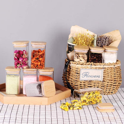 10 Pcs Glass Spice Jars - 8oz Empty Square Spice Storage Containers With Bamboo Airtight Lid and Labels - Thicken Small Glass canister for Kitchen Seasoning,Coffee Bean,Tea,Suger,Herbs