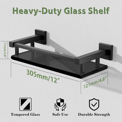 Alise Glass Shelves for Bathroom Wall, Tempered Glass Bathroom Shelf Wall Mounted, Modern Space Saving Floating Shelves 12 inch, Matte Black