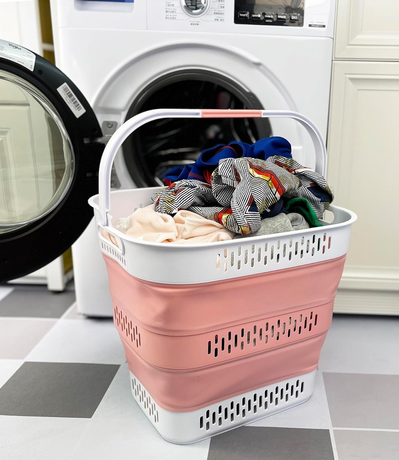 SAMMART 40L (10.5 Gallon) Collapsible Plastic Laundry Basket with Handles - Foldable Pop Up Storage Container/Organizer - Portable Laundry Hamper - Space Saving (1, Grey/Quartz Pink)