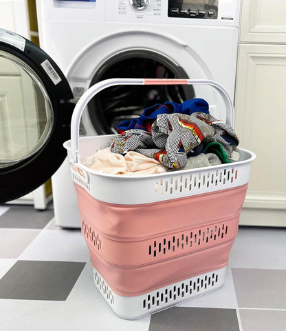 SAMMART 40L (10.5 Gallon) Collapsible Plastic Laundry Basket with Handles - Foldable Pop Up Storage Container/Organizer - Portable Laundry Hamper - Space Saving (1, Grey/Quartz Pink)