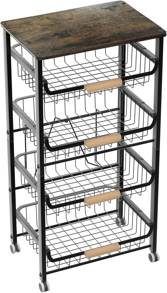 5-Layer Fruit Basket Kitchen Food Organizer and Rack, Stackable Storage Cart with Desktop, Pull-Out Hollow Metal Basket, Wheeled Sorting Rack Spice Rack, Black