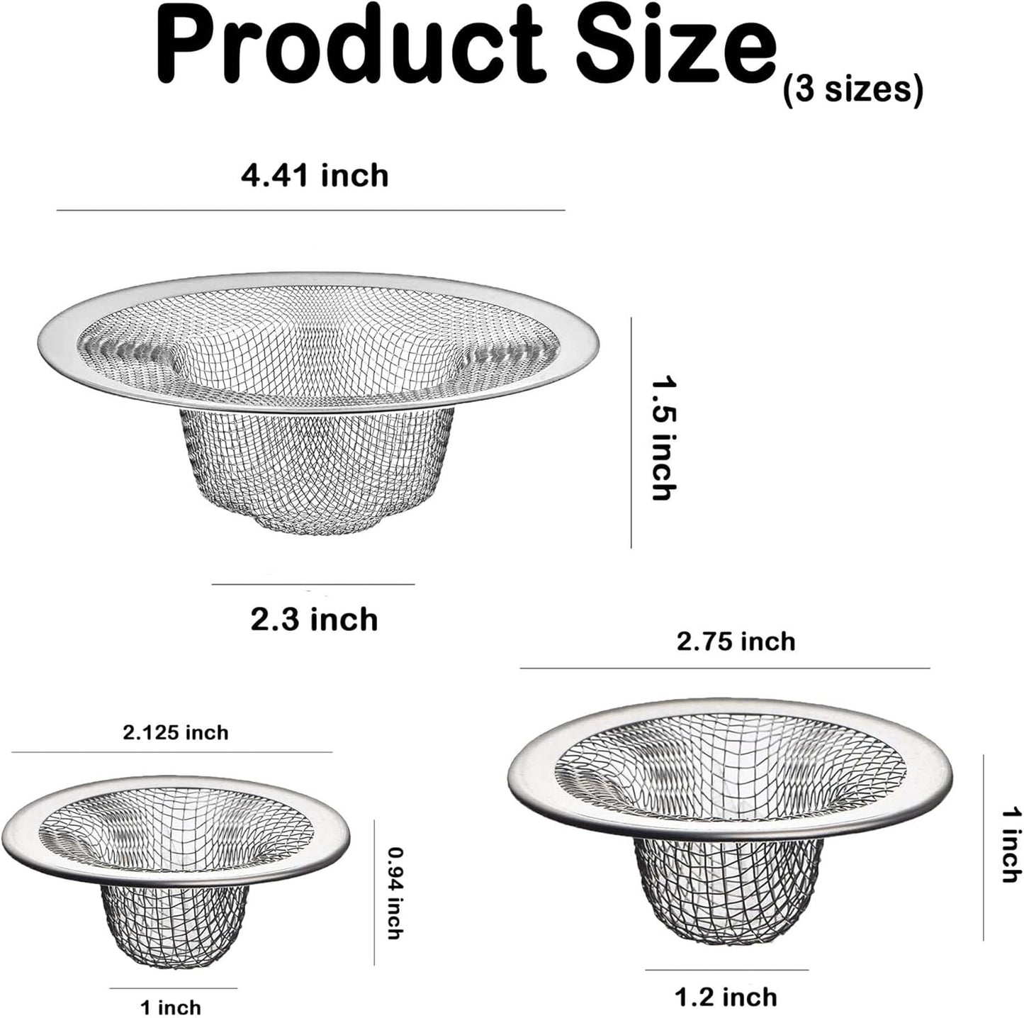 Bathroom Mesh Sink Drain Strainer Screen, 15PCS Drain Mesh Basket Cover Stainless Steel Slop Basket Filter Trap Tub Drain Screen Hair Catcher for Shower Utility Drain (2.125''&2.75"&4.41'')