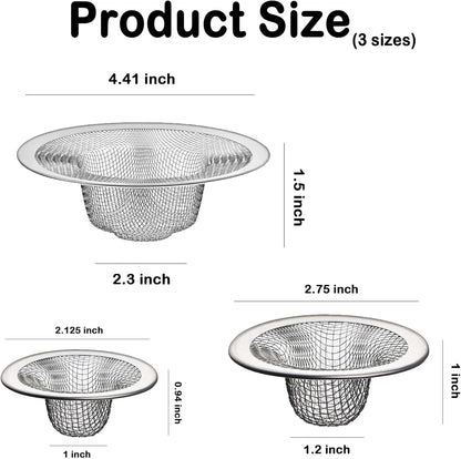 Bathroom Mesh Sink Drain Strainer Screen, 15PCS Drain Mesh Basket Cover Stainless Steel Slop Basket Filter Trap Tub Drain Screen Hair Catcher for Shower Utility Drain (2.125''&2.75"&4.41'')