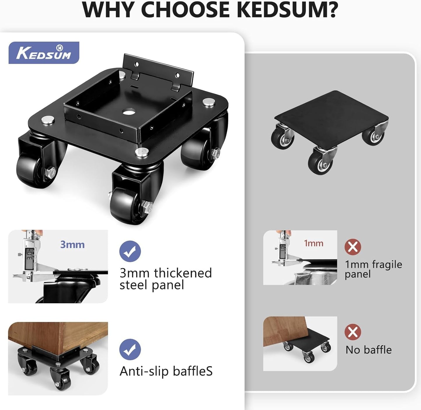 KEDSUM 1500LBS Furniture Movers with Wheels, Heavy Duty Furniture Dolly Set of 4, Dolly Kit Furniture Mover with Removeable Baffles for Appliance, Sofa, Pool Table