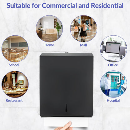 Paper Towel Dispenser Wall Mount, Matte Black Stainless Steel Commercial Paper Towel Holder with Lock, Large Capacity 400 C Fold/525 Multifold Towels