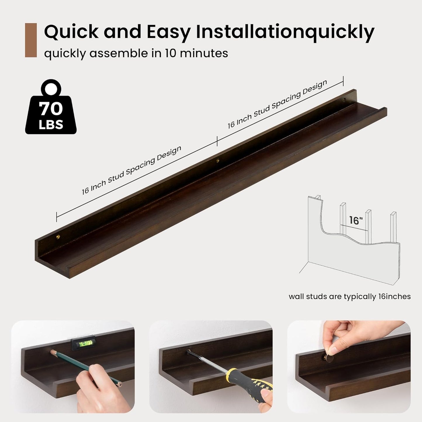Picture Ledge Shelf, Solid Pine Wood Floating Shelves Set of 2, 36 Inches Nursery Book Shelves for Toys Storage, Kids Bookshelf Wall Mounted for Living Room Bedroom Decor Books Photo Frames, Walnut