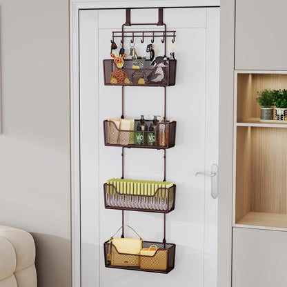HapiRm Over The Door Organizer - Hanging Door Organizer with 4 Metal Large Capacity Baskets and Adjustable Coat Hook for Bathroom Bedroom Kitchen Pantry Closet Cabinet