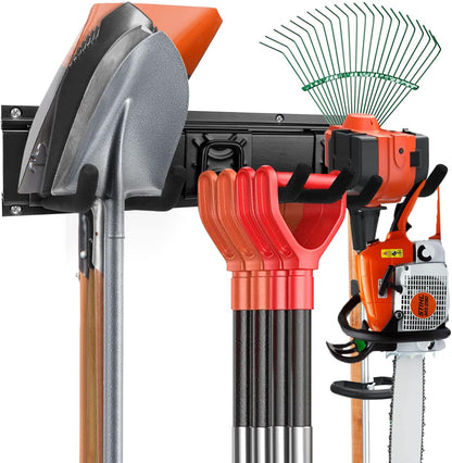 Garden Tool Storage Rack, Outdoor Power Tools Hangers for Garage Wall Organization with 6 assorted Multi-Purpose Hooks, Organizer Holders for Landscaping Equipment, Folding Chairs, Ladders etc.