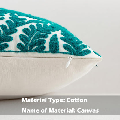 HWY 50 Teal Decorative Throw Pillow Covers 18x18 Inch (1 Piece), Embroidered Cotton Farmhouse Cushion Cover Pillow Case for Sofa Couch Living Room Bed Bedroon, Floral Branches