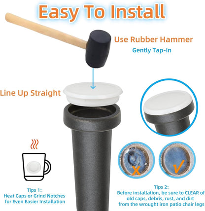 Wrought Iron Patio Furniture Feet Caps - Furnigear 1.33" Round Plastic Outdoor Chair Leg Caps, Floor Protectors for Metal Chairs & Tables, Patio Furniture Replacement Rubber Feet (24 Pack, White)