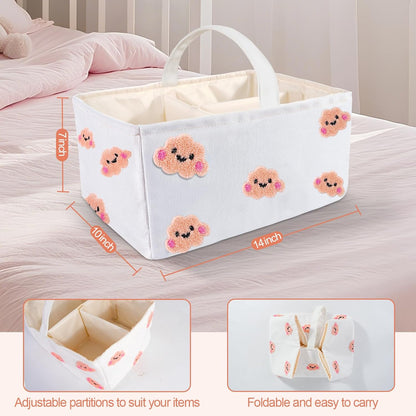 Baby Diaper Caddy Organizer with Handle - Durable Canvas Storage Basket with Cloud Embroidery, Portable Nursery Organizer for Newborn Essentials, Diaper Travel Bag, Baby Shower Basket-Pink