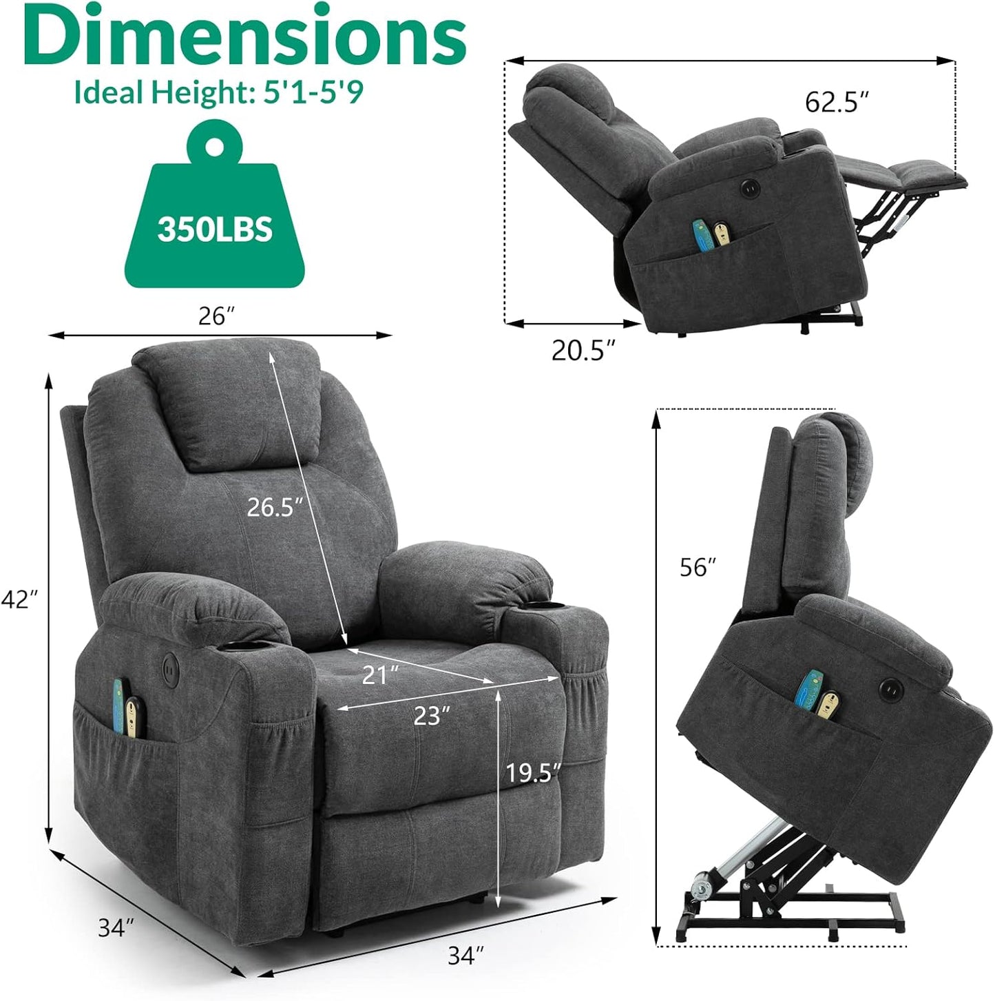 VIVIJASON Power Lift Chair Electric Recliner for Elderly Heated Vibration Massage Fabric Recliner Chair with 2 Remote Controls, Cup Holders, Side Pockets & USB Ports for Living Room (Grey)