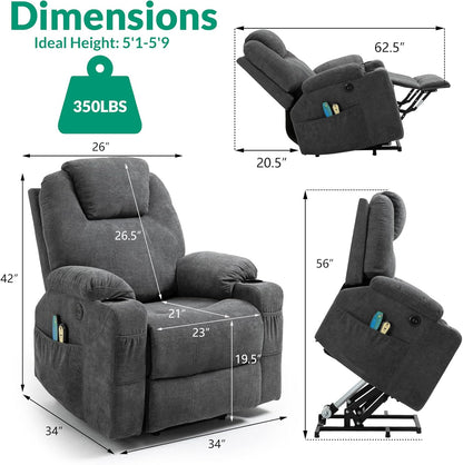VIVIJASON Power Lift Chair Electric Recliner for Elderly Heated Vibration Massage Fabric Recliner Chair with 2 Remote Controls, Cup Holders, Side Pockets & USB Ports for Living Room (Grey)