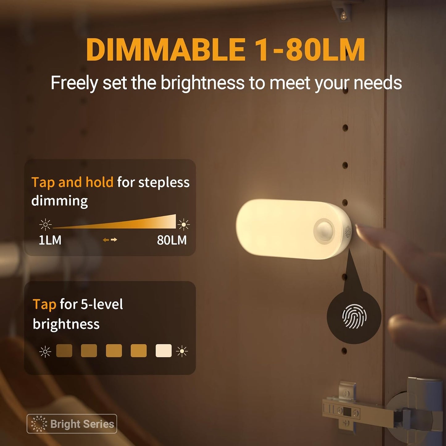 Lyridz Rechargeable Night Light with Motion Sensor, 1500mAh Battery Operated Nightlights, Stick-on LED Closet Light, 1-80LM Dimmable Brightness for Bathroom, Kitchen, Stairs, Hallway, 3 Packs