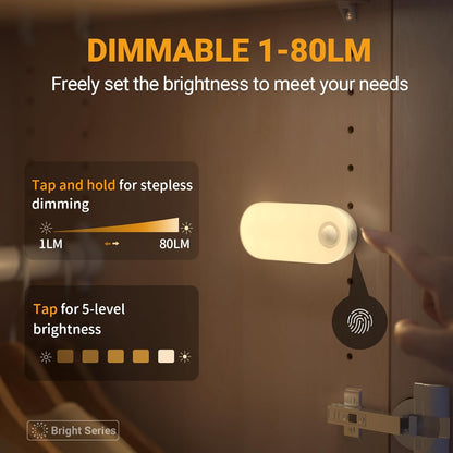 Lyridz Rechargeable Night Light with Motion Sensor, 1500mAh Battery Operated Nightlights, Stick-on LED Closet Light, 1-80LM Dimmable Brightness for Bathroom, Kitchen, Stairs, Hallway, 3 Packs