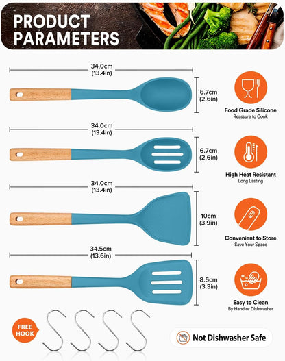 Silicone Cooking Utensils Set, Perfectly Angled for Frying, Mixing,Serving,Draining,Turning and Stirring, BPA-Free Matte Silicone, Wood Handles, Safe for Nonstick Cooking Surfaces,4 Pack (Blue)