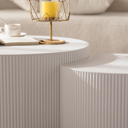 Round Nesting Coffee Table White Round Fluted Coffee Table Set of 2 for Living Room Small Circle Drum Coffee Tables Crescent End Table (White A 27in)