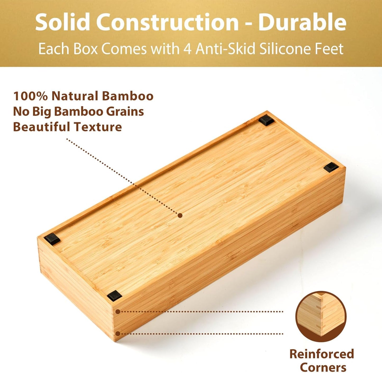 Umilife Bamboo Kitchen Drawer Organizer, Extra High Silverware Tray, Flatware Cutlery Storage Box, Multi-Use Holder in Office, Bathroom, Pantry - 9"x3"x2.5" (Set of 2)