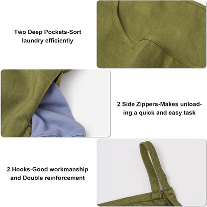 100% Pure Linen Dual Hanging Laundry Bag with 2 Deep Pocket and 2 Side Zipper 20x27in, Over The Door Laundry Hamper Space Saving Hampers for Dirty Clothes Home Travel, Green
