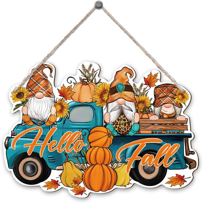 Hello Fall, Wood Hanging Gnome Decoration, Hello Fall Wood Hanging Decors, Rustic Thanksgiving Decors for Porch, Indoor Outdoor Autumn Door Decor(Truck), Housewarming Gift, Home Indoor Outdoor Decor