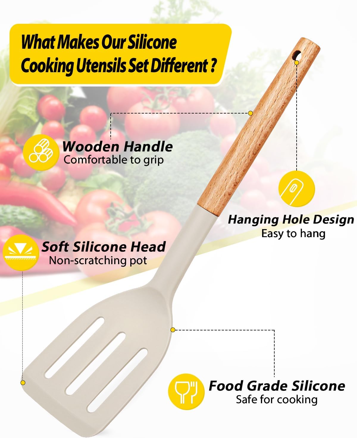 Pack of 4 Silicone Cooking Utensils Set, Non Stick Solid Spatulas and Heat Resistant Slotted Spoons with Wooden Handle, Ideal Wood Kitchen Utensils Set for Frying,Serving,Turning,Stirring (KHAKI)