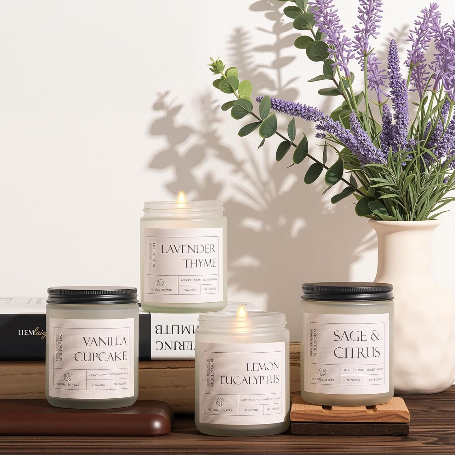 4 Pack Candles for Home Scented, Mother's Day Gifts, 28 oz Long Lasting Candles, Soy Candle Set Gift for Women - Lavender Thyme/Lemon Eucalyptus/Sage &Citrus/Vanilla Cupcake