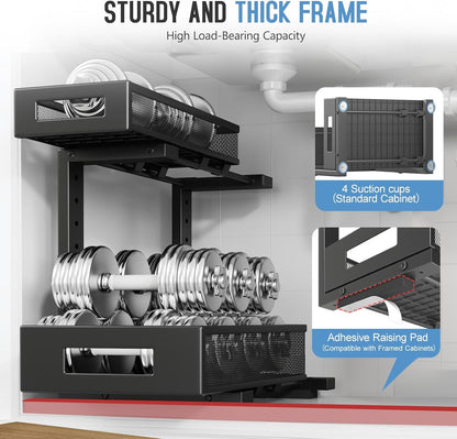 1 Pack-11.4"-16.14"H Under Sink Storage Organizer, Large 2-Tier Elegant Mesh Pull Out Shelf for Kitchen and Bathroom Cabinet Organization, L-Shaped and Adjustable Height Design for Maximum Space-Black