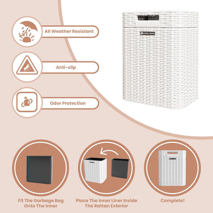 Ypati Handwoven 4 Gallon Rattan Trash Can with Lid, Boho Style Decorative Indoor and Outdoor Trash Bin with Shelf, Waste Basket for Bathroom, Patio, Study, with Trash Bags, Porcelain White, Eureka