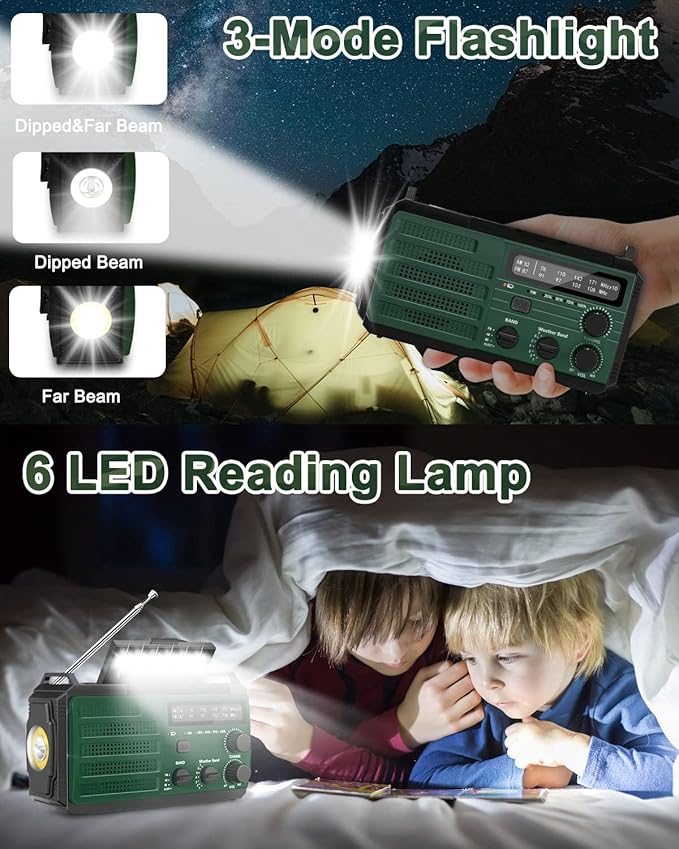Hand Crank Emergency Radio, 6000mAh/22200mWh Solar AM FM NOAA Weather Alert Radio, 3-Mode Flashlight, Reading Lamp, SOS Alarm, Phone Charger for Winter Storm and Emergency