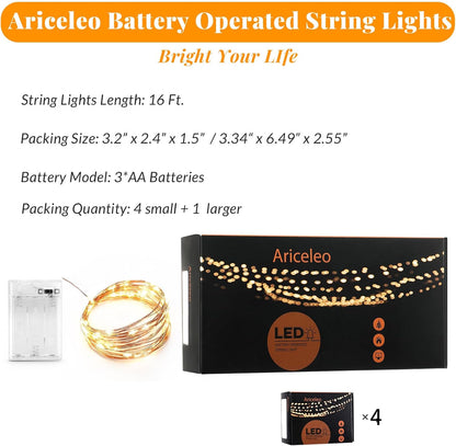 Led Fairy Lights Battery Operated, 4 Packs Mini Battery Powered Copper Wire Starry Fairy Lights for Bedroom, Christmas, Parties, Wedding, Centerpiece, Decoration (5m/16ft Warm White)