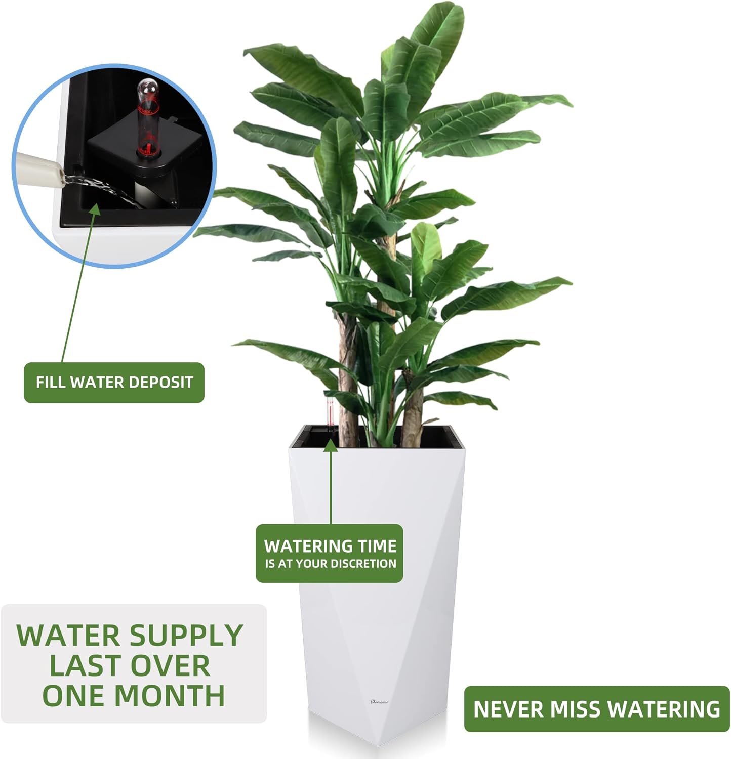 Dexceder 24 Inches Tall Self Watering Planter Diamond High Gloss Indoor Outdoor, Thickened Rhombus Large Floor Standing Flower Plant Pot with Water Level Indicator (White)