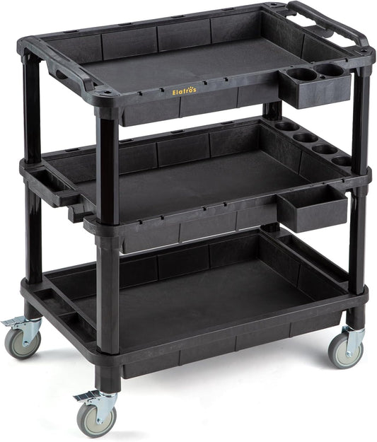 ELAFROS Multi-Use Utility Cart - 32.4x18.3 Heavy-Duty Service Cart with 3 Deep Shelves, Industrial-Grade Tool Cart Mobile Organizer, Rolling cart Holds up to 500 lbs, Black