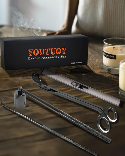 4 in1 Candle Accessory Set with Rechargeable Candle Lighter, Candle Wick Trimmer, Candle Wick Snuffer, Candle Wick Dipper, Candle Care Kit (Silver Black)