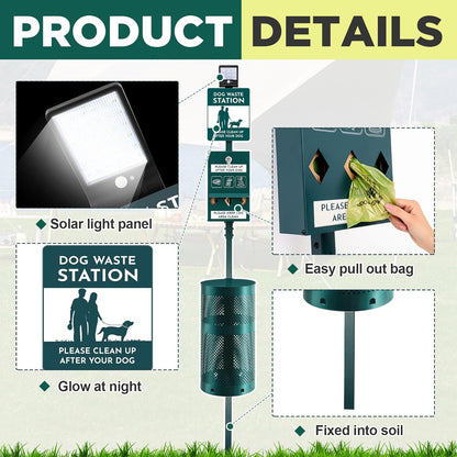 Dog Waste Station with Solar Panels Outdoor LED Galvanized Steel Dog Trash Bin with Poop Bag Dispenser Light up at Night Rust Proof Pet Trash Station for Commercial Park Backyard