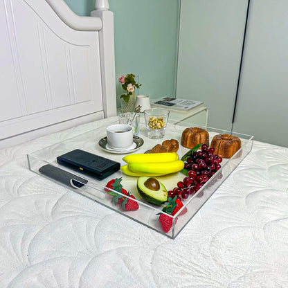 Clear Rectangular 18x20 Inches Acrylic Ottoman Tray Decorative Serving Tray with Cutout Handles Organizer Tray on Coffee Table Countertop Big Breakfast Bed Tray Living Room Appetizer Serving Food