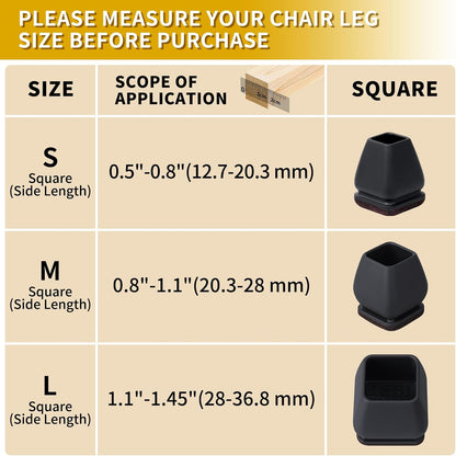 Ezprotekt 24 Pcs Square Silicone Chair Leg Floor Protectors for Wood Floors, Black Felt Furniture Pads Caps, Bar Stool Leg Floor Protectors Covers for Dining Table Chair (Fit 1.1"- 1.45")