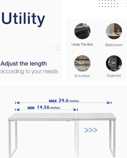 Nxconsu Cabinet Shelf Expandable Organizer Riser Rack for Kitchen Pantry Cupboard Under Sink Countertop Home Organization Extra Storage Space Saver Heavy Duty Metal Edgeless Design White